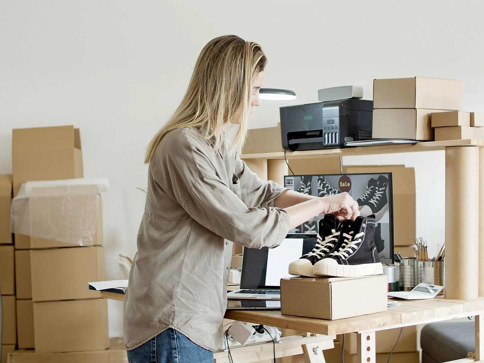 Small business owner packing a pair of sneakers into a box for an online order